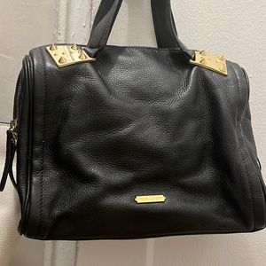 Vince Camaro black leather bowling bag handle gold spikes